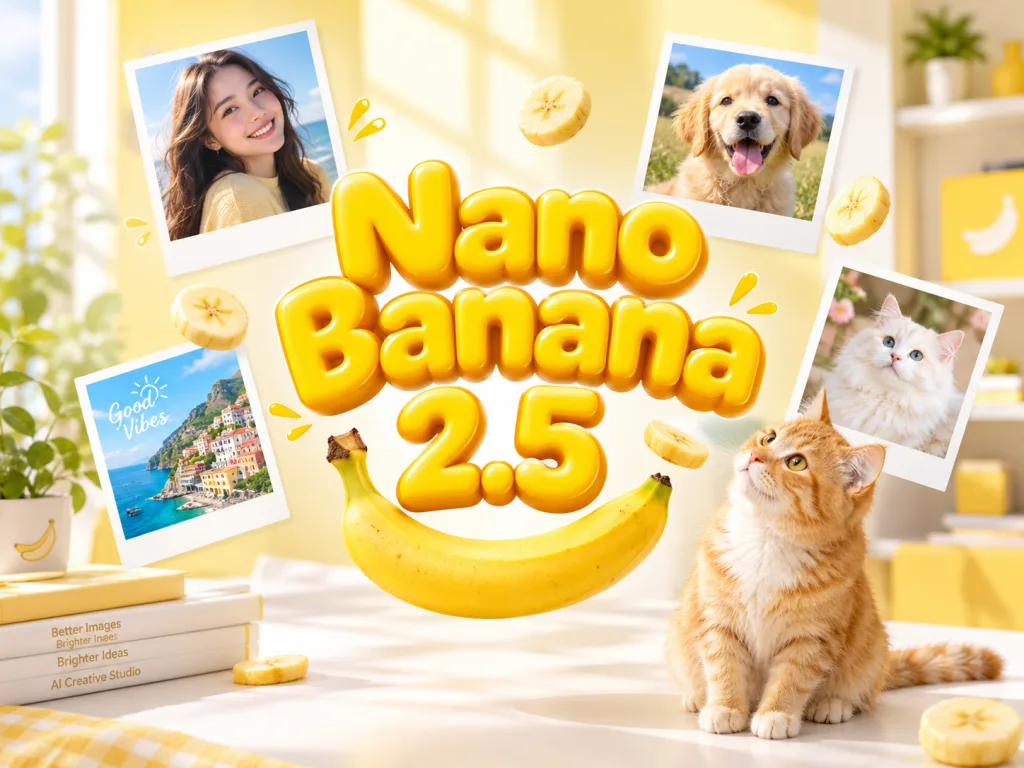 Nano Banana 2.5 AI image generator with a banana, a ginger cat and AI photo examples